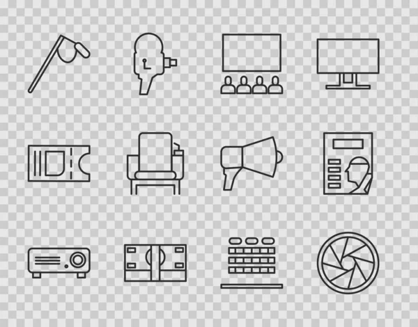 Set line Movie, film, media projector, Camera shutter, Cinema auditorium with screen, Stacks paper money cash, Microphone, chair, seats and poster icon. Vector — Stock vektor