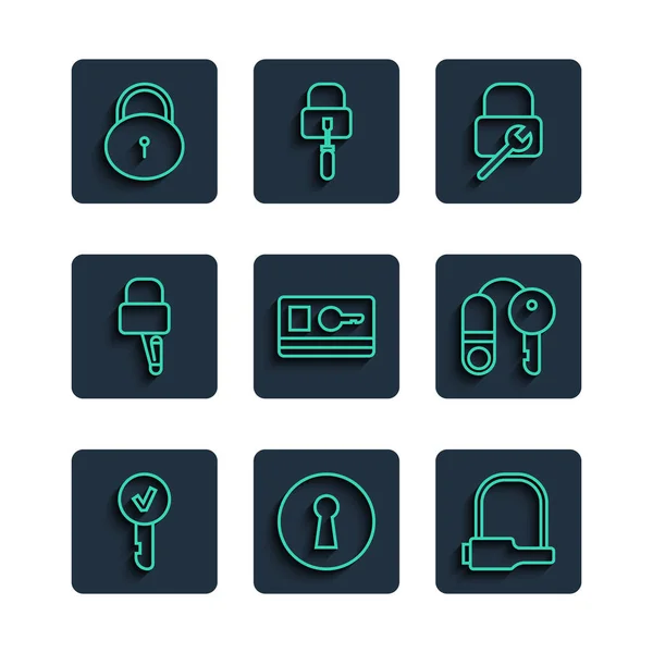 Set line Key, Keyhole, Bicycle lock, Lock repair, card, picks for picking, and House with key icon. Vector — Stok Vektör