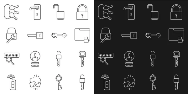Set line Locked key, Key, Folder and lock, Open padlock, repair, Bunch of keys and Old icon. Vector — Wektor stockowy