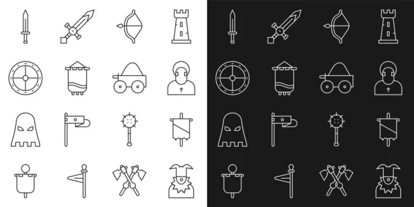 Set line Joker head, Medieval flag, Monk, bow and arrow, Round wooden shield, sword and Wooden four-wheel cart icon. Vector — Vetor de Stock