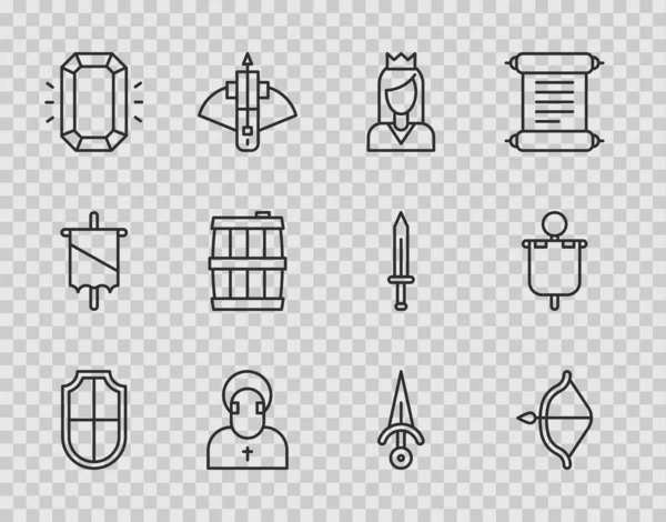 Set line Shield, Medieval bow and arrow, Princess, Monk, Diamond, Wooden barrel, Dagger and flag icon. Vector — стоковый вектор