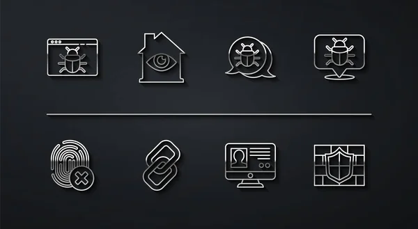 Set line System bug, Cancelled fingerprint, Create account screen, Chain link, House with eye scan, Shield brick wall and icon. Vector — Image vectorielle