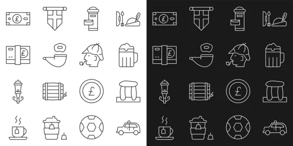 Set line Taxi car, Stonehenge, Wooden beer mug, London mail box, Smoking pipe, Pound sterling money, and Sherlock Holmes icon. Vector — Image vectorielle