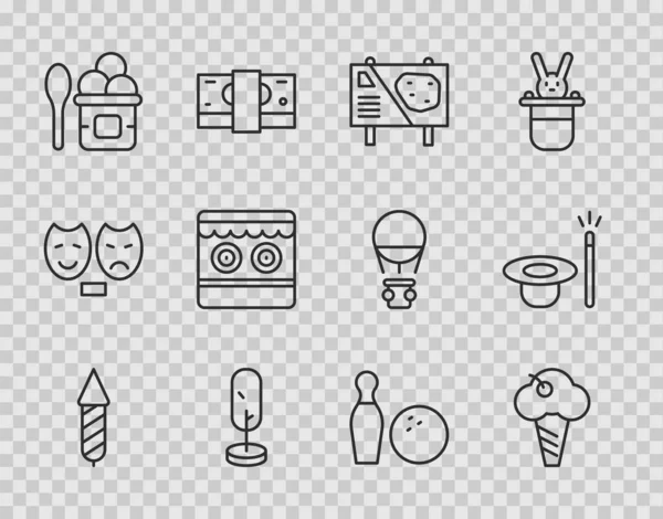 Set line Firework rocket, Ice cream in waffle cone, Amusement park billboard, Tree, bowl, Shooting gallery, Bowling pin and ball and Magic hat wand icon. Vector — Vetor de Stock