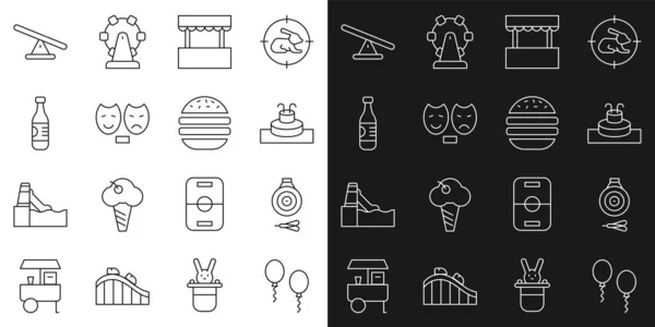 Set line Globos, Tablero clásico de dardos y flecha, Fuente, Taquilla, Máscaras de tragedia de comedia, Agua de botella, Seesaw y Burger icono. Vector — Vector de stock