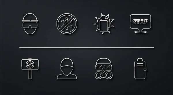Set line Special forces soldier, Protest, Gas mask, Vandal, Police assault shield and Hand grenade icon. Vector — 图库矢量图片