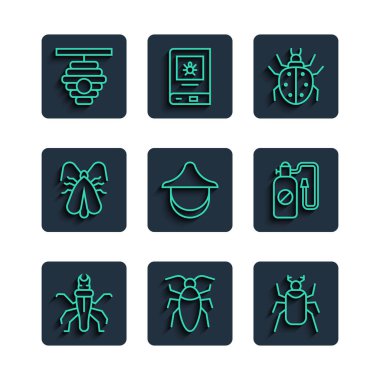 Set line Termite, Cockroach, Beetle bug, Mite, Beekeeper hat, Clothes moth, Hive for bees and Pressure sprayer icon. Vector