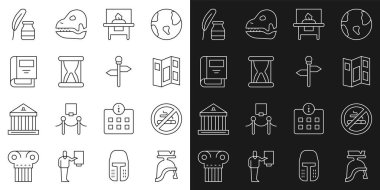 Set line Roman army helmet, No Smoking, Museum guide brochure, Glass showcase for exhibit, Old hourglass with sand, History book, Feather inkwell and Road traffic signpost icon. Vector