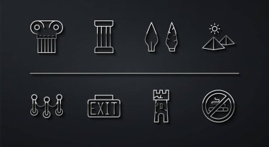 Set line Ancient column, Rope barrier, Egypt pyramids, Castle tower, Exit sign, No Smoking and Stone age arrow head icon. Vector