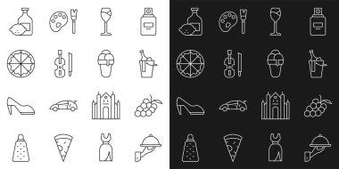 Set line Covered with tray of food, Grape fruit, Bottle wine in bucket, Wine glass, Violin, Pizza, Limoncello bottle and Ice cream icon. Vector