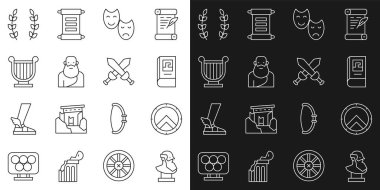 Set line Ancient bust sculpture, Greek shield, history book, Comedy and tragedy masks, Socrates, lyre, Laurel wreath and Crossed medieval sword icon. Vector