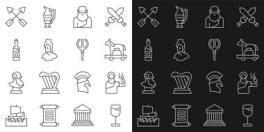 Set line Wine glass, Zeus, Trojan horse, Socrates, Ancient bust sculpture, Bottle of wine, Crossed arrows and Neptune Trident icon. Vector