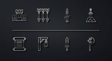 Set line Castle, fortress, Decree, parchment, scroll, Sword in the stone, Medieval sword, Gallows, Crossed arrows, axe and Dagger icon. Vector