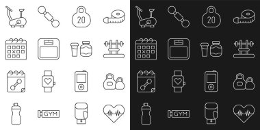 Set line Heart rate, Kettlebell, Bench with barbel, Bathroom scales, Calendar fitness, Stationary bicycle and Sports nutrition icon. Vector