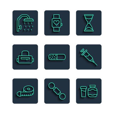 Set line Tape measure, Dumbbell, Sports nutrition, Old hourglass, Vitamin pill, bag, Shower head and Doping syringe icon. Vector