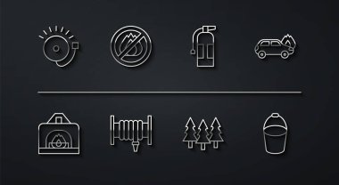 Set line Ringing alarm bell, Interior fireplace, Burning car, Forest, Fire hose reel, No, bucket and extinguisher icon. Vector