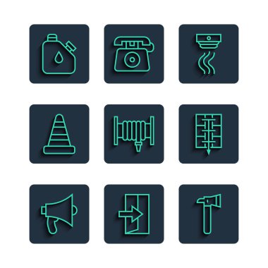 Set line Megaphone, Fire exit, Firefighter axe, Smoke alarm system, hose reel, Traffic cone, Canister fuel and Evacuation plan icon. Vector