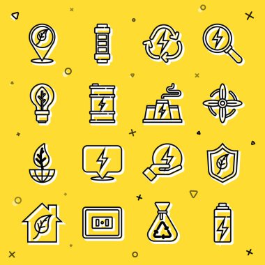 Set line Battery, Shield with leaf, Wind turbine, recycle, Bio fuel barrel, Light bulb, Location and Power station plant factory icon. Vector