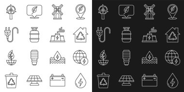 Set line Water energy, Global power planet, Eco House with recycling, Wind turbine, Propane gas tank, Electric plug, and Power station plant factory icon. Vector