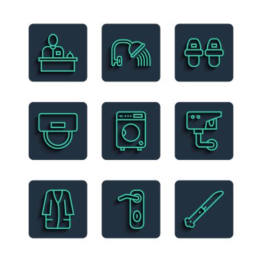 Set line Bathrobe, Door handle, Knife, Hotel slippers, Washer, Bellboy hat, reception desk and Security camera icon. Vector