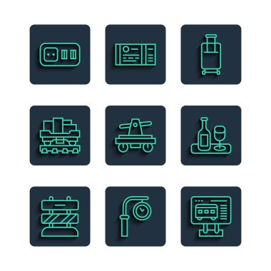 Set line End of railway tracks, Train station clock, Ticket office to buy tickets, Suitcase, Draisine or handcar, Cargo train wagon, Electrical outlet and Wine bottle with glass icon. Vector