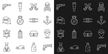 Set line Vintage pistols, Location pirate, Anchor, Crossed swords, Compass, and Rope tied knot icon. Vector