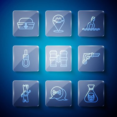 Set line Decree, parchment, scroll, Location pirate, Pirate coin, Bottle with message water, Binoculars, Gallows rope loop hanging, Sailor hat and Vintage pistols icon. Vector