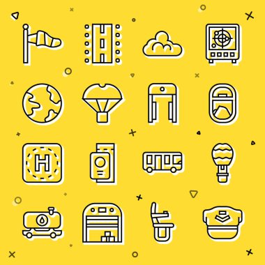 Set line Pilot hat, Hot air balloon, Airplane window, Cloud weather, Box flying parachute, Worldwide, Cone meteorology windsock and Metal detector airport icon. Vector