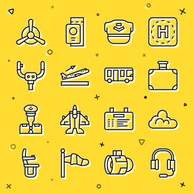 Set line Headphones with microphone, Cloud weather, Suitcase, Pilot hat, Plane takeoff, Aircraft steering helm, propeller and Airport bus icon. Vector