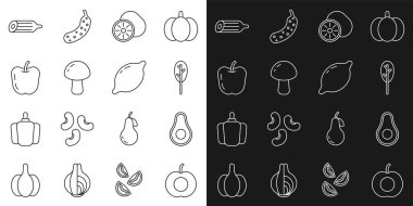 Set line Peach fruit, Avocado, Spinach, Kiwi, Mushroom, Apple, Fresh cucumber and Lemon icon. Vector