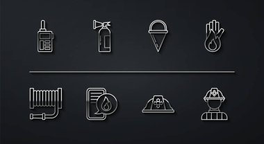 Set line Walkie talkie, Fire hose reel, No fire, Firefighter helmet, Phone with emergency call 911, extinguisher, and cone bucket icon. Vector