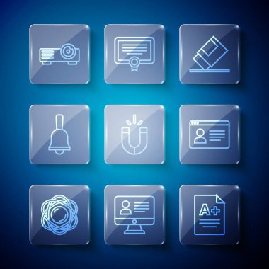 Set line Atom, Online class, Exam sheet with plus grade, Eraser or rubber, Magnet, Ringing bell, Movie, film, media projector and icon. Vector