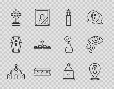 Set line Church building, Coffin with cross, Burning candle, Grave, Holy bible book, Old crypt and Tear eye icon. Vector