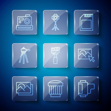 Set line Photo frame, Camera photo lens, roll cartridge, SD card, Action camera, Tripod, and retouching icon. Vector