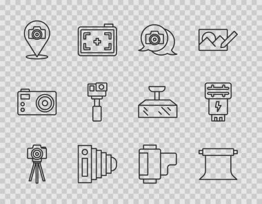 Set line Photo camera, Empty photo studio, Action, Camera roll cartridge and flash icon. Vector