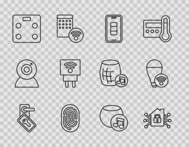 Set line Digital door lock, Smart home, Smartphone battery charge, Fingerprint, bathroom scales, electric plug, Voice assistant and light bulb icon. Vector
