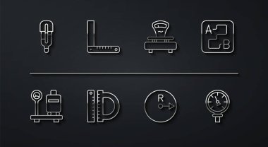 Set line Medical thermometer, Scale with suitcase, Route location, Radius, Protractor and ruler, Corner, Pressure water and Scales icon. Vector