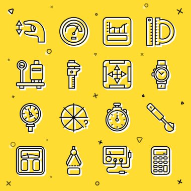 Set line Calculator, Measuring spoon, Wrist watch, Graph, schedule, chart, diagram, Calliper caliper and scale, Scale with suitcase, Approximate measurements and Area icon. Vector