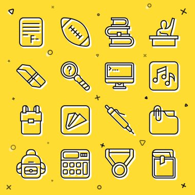 Set line Book, Document folder with clip, Music note, tone, Unknown search, Eraser or rubber, Exam paper incorrect answers and Computer monitor icon. Vector