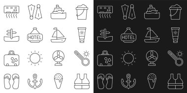 Set line Life jacket, Meteorology thermometer, Sunscreen cream in tube, Cruise ship, Signboard with text Hotel, Road traffic sign, Air conditioner and Yacht sailboat icon. Vector