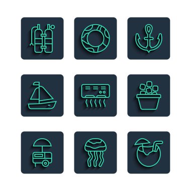 Set line Fast street food cart, Jellyfish, Coconut cocktail, Anchor, Air conditioner, Yacht sailboat, Aqualung and Ice bucket icon. Vector