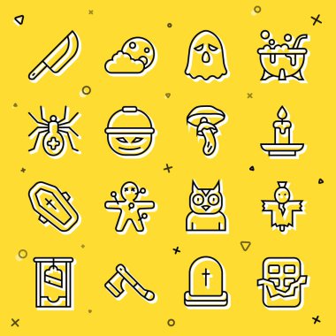 Set line Chocolate bar, Scarecrow, Burning candle, Ghost, Pumpkin basket for sweets, Spider, Knife and Psilocybin mushroom icon. Vector