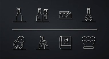 Set line Bottle of wine, Wooden barrel for, Decanter, Book about, Chef hat and Cheese icon. Vector