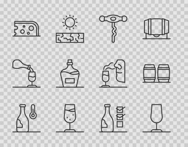 Set line Wine temperature, glass, corkscrew, Cheese, Old bottle of wine, Bottle and Wooden barrel for icon. Vector
