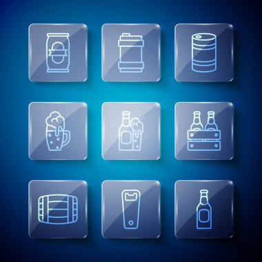 Set line Wooden barrel, Bottle opener, Beer bottle, Metal beer keg, and glass, Glass of, can and Pack bottles icon. Vector