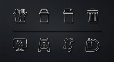 Set line Rubber gloves, Home cleaning service, Trash can, Sponge, Wet floor, Bucket, Dishwashing liquid bottle and icon. Vector