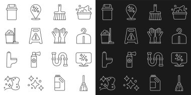Set line Handle broom, Home cleaning service, Hanger wardrobe, Wet floor, Mop bucket, Trash can and Rubber gloves icon. Vector