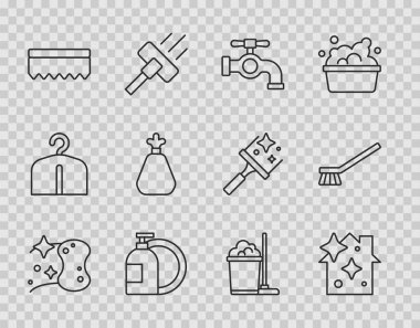 Set line Sponge, Home cleaning service, Water tap, Dishwashing liquid bottle, Garbage bag, Mop and bucket and Brush for icon. Vector
