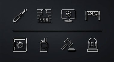 Set line Telescopic baton, Safe, Crime scene, Judge gavel, Walkie talkie, Suspect criminal, Flasher siren and Police badge icon. Vector