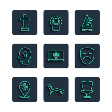 Set line Psychology, Psi, Armchair, Metronome with pendulum, Psychologist online, Solution to the problem, Graves funeral sorrow and Drama theatrical mask icon. Vector